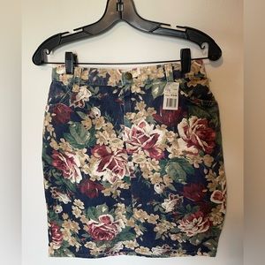 Vintage jewel tone denim floral mini skirt 80s